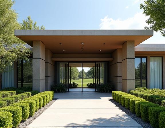 Ingresso elegante della clubhouse, con architettura moderna e paesaggio curato
