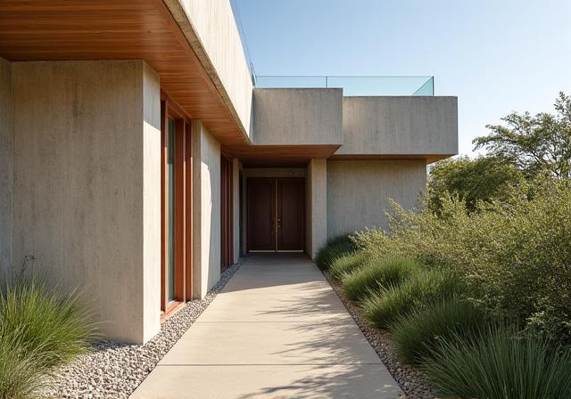 Dettaglio architettonico della moderna clubhouse di Marina Alta, con elementi naturali e design sofisticato