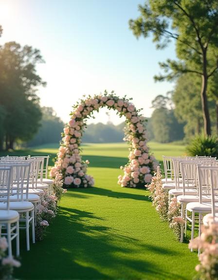 Ambientazione romantica per un matrimonio sul green, con allestimenti floreali e vista sul campo da golf
