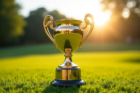 Trofeo dorato su un green lussureggiante, in attesa del vincitore